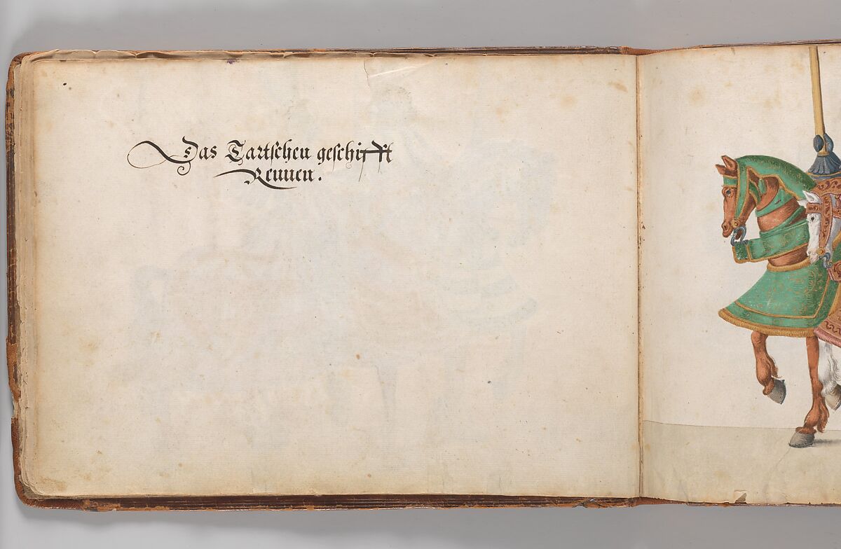 Album of Tournaments and Parades in Nuremberg, Pen and ink, watercolor, gold and silver washes; paper bound in gold-tooled leather, German, Nuremberg