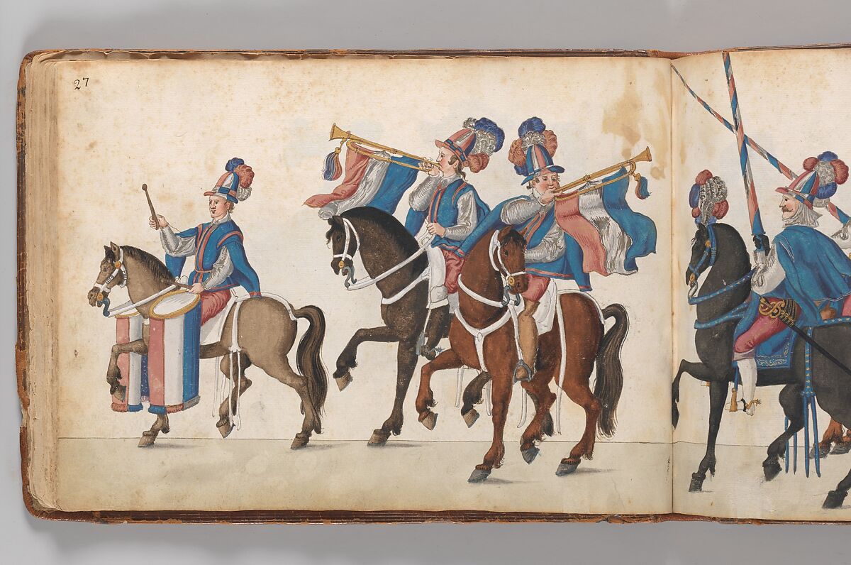 Album of Tournaments and Parades in Nuremberg, Pen and ink, watercolor, gold and silver washes; paper bound in gold-tooled leather, German, Nuremberg