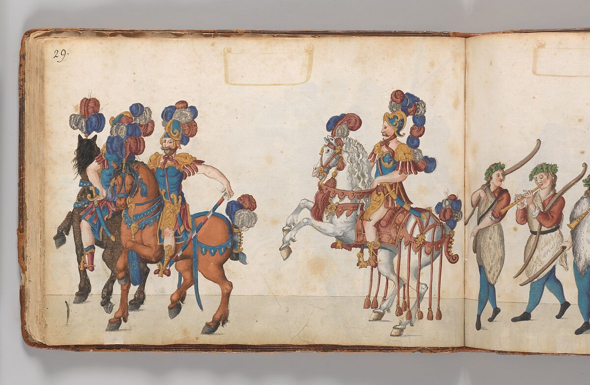 Album of Tournaments and Parades in Nuremberg, Pen and ink, watercolor, gold and silver washes; paper bound in gold-tooled leather, German, Nuremberg