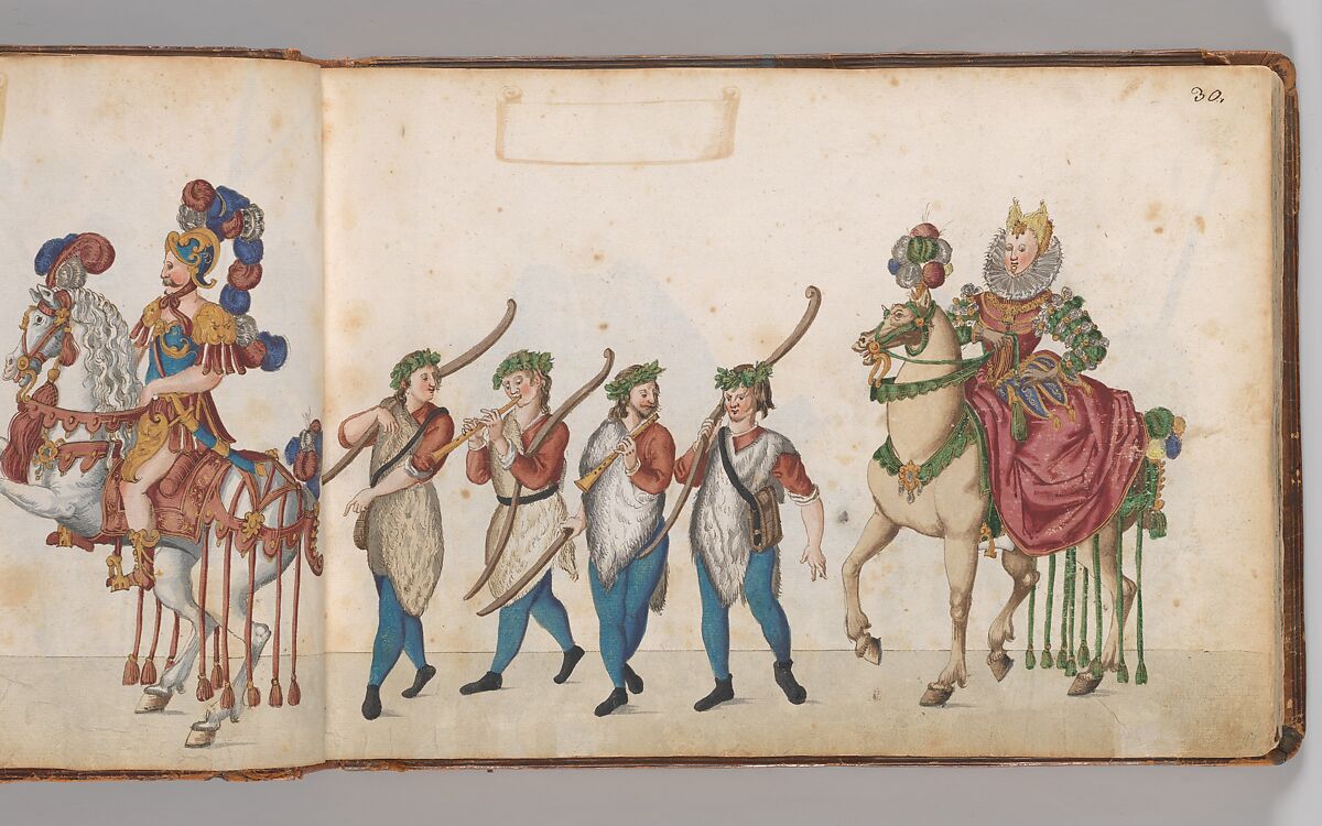 Album of Tournaments and Parades in Nuremberg, Pen and ink, watercolor, gold and silver washes; paper bound in gold-tooled leather, German, Nuremberg