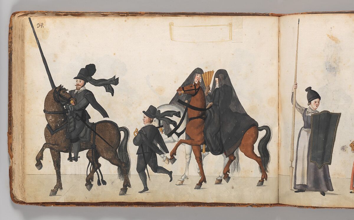 Album of Tournaments and Parades in Nuremberg, Pen and ink, watercolor, gold and silver washes; paper bound in gold-tooled leather, German, Nuremberg