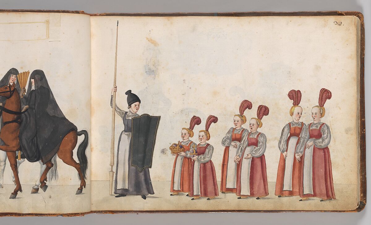 Album of Tournaments and Parades in Nuremberg, Pen and ink, watercolor, gold and silver washes; paper bound in gold-tooled leather, German, Nuremberg