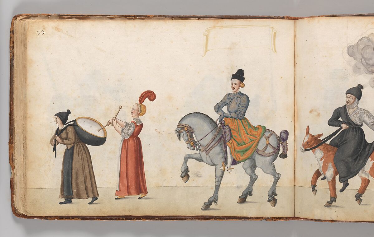 Album of Tournaments and Parades in Nuremberg, Pen and ink, watercolor, gold and silver washes; paper bound in gold-tooled leather, German, Nuremberg