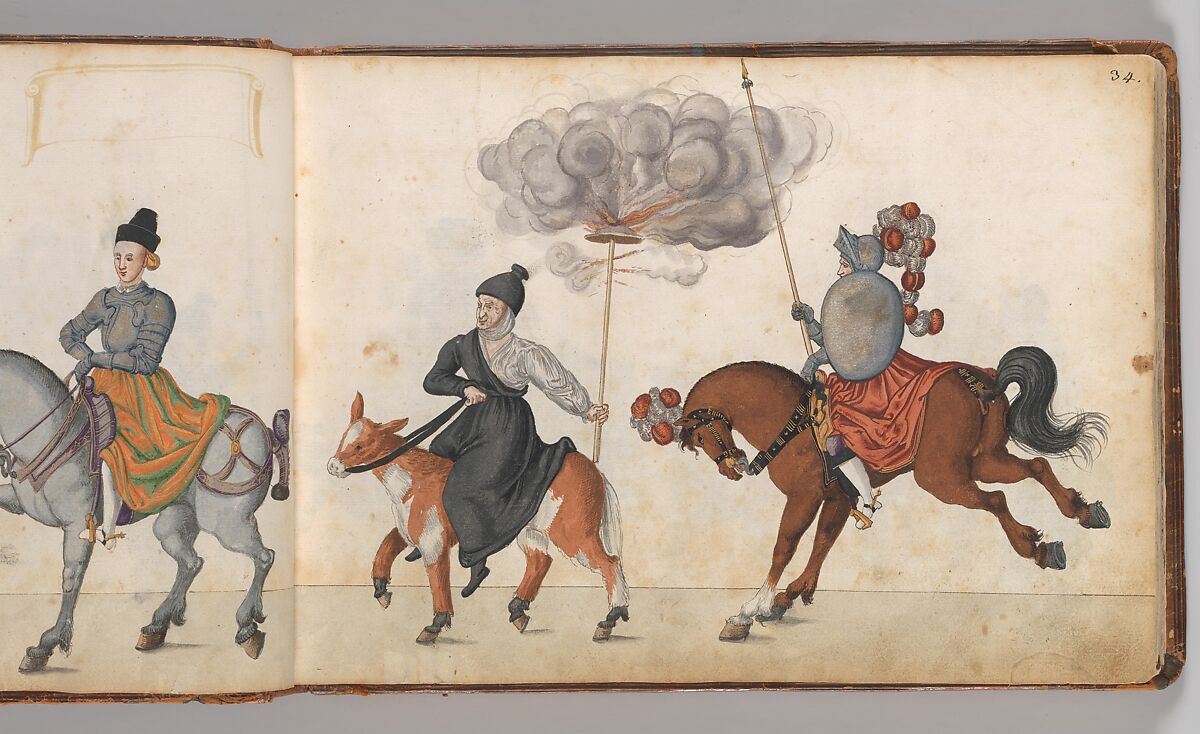 Album of Tournaments and Parades in Nuremberg, Pen and ink, watercolor, gold and silver washes; paper bound in gold-tooled leather, German, Nuremberg