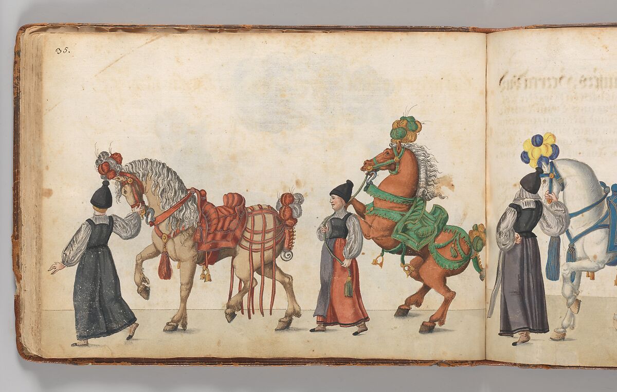 Album of Tournaments and Parades in Nuremberg, Pen and ink, watercolor, gold and silver washes; paper bound in gold-tooled leather, German, Nuremberg