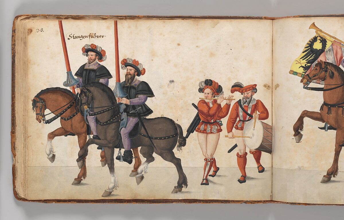 Album of Tournaments and Parades in Nuremberg, Pen and ink, watercolor, gold and silver washes; paper bound in gold-tooled leather, German, Nuremberg