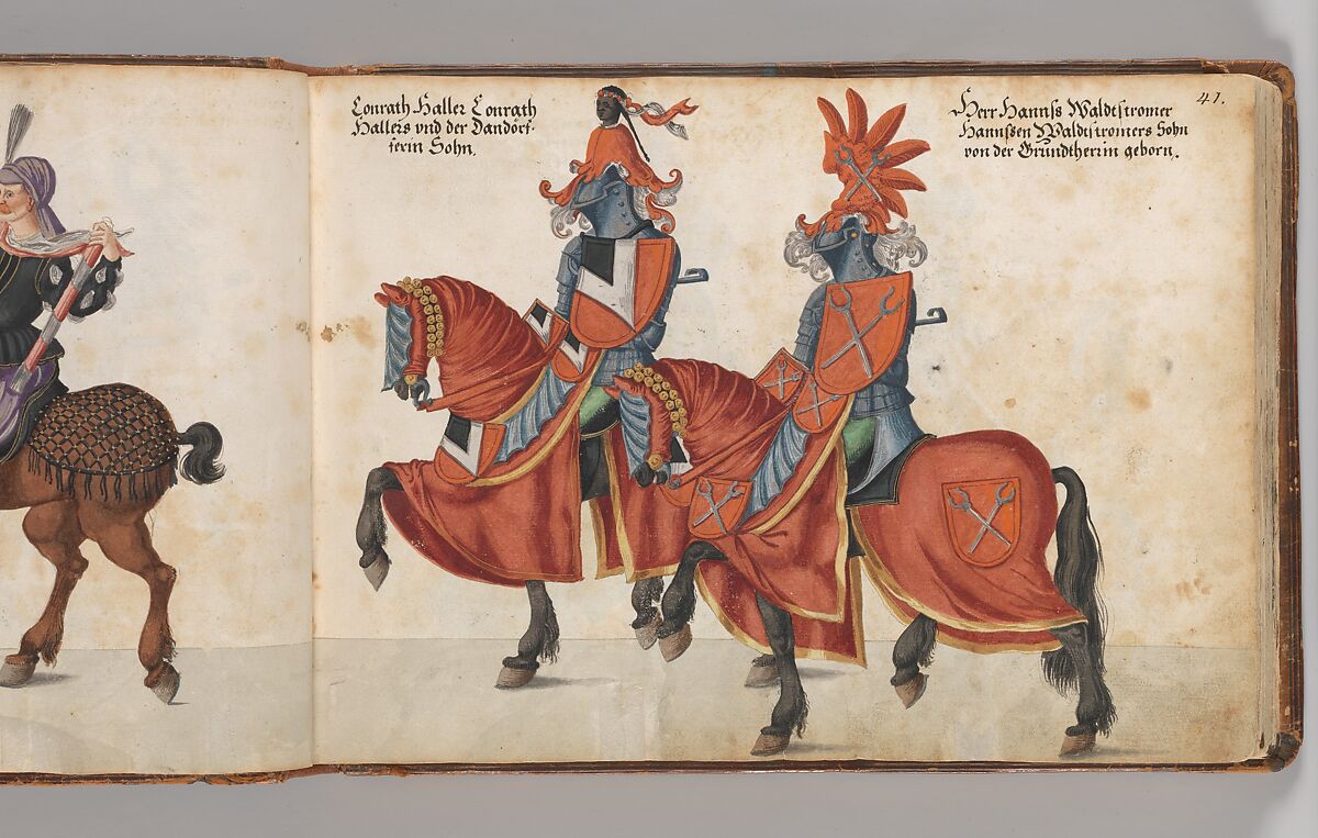 Album of Tournaments and Parades in Nuremberg, Pen and ink, watercolor, gold and silver washes; paper bound in gold-tooled leather, German, Nuremberg