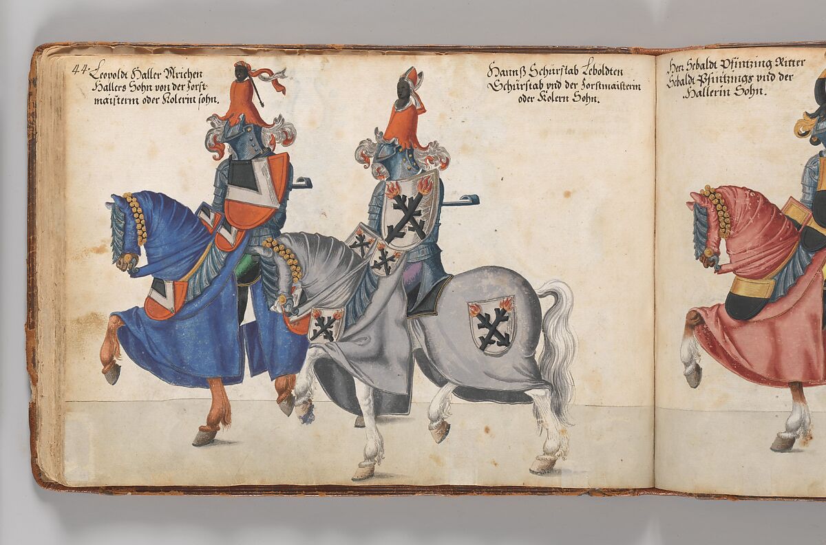 Album of Tournaments and Parades in Nuremberg, Pen and ink, watercolor, gold and silver washes; paper bound in gold-tooled leather, German, Nuremberg