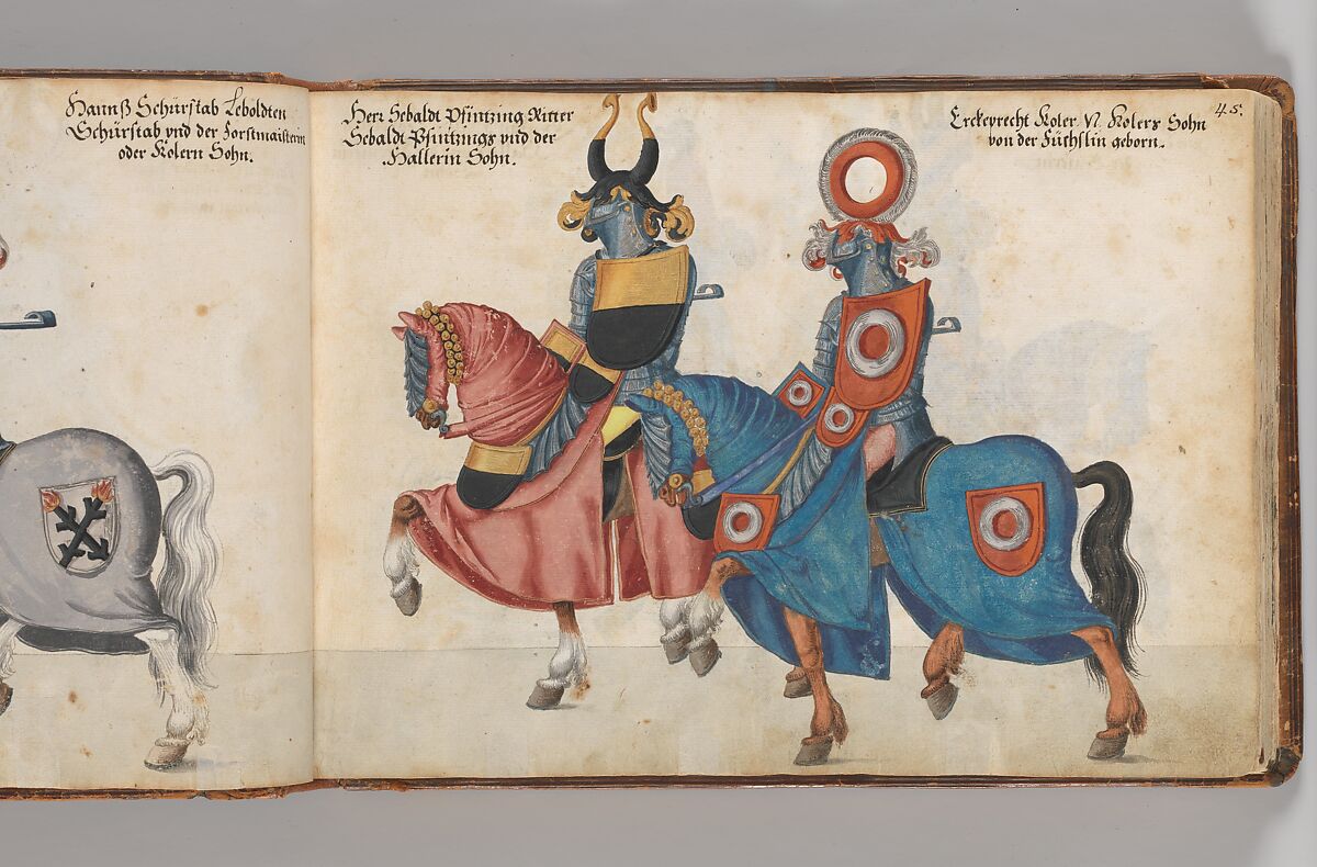 Album of Tournaments and Parades in Nuremberg, Pen and ink, watercolor, gold and silver washes; paper bound in gold-tooled leather, German, Nuremberg