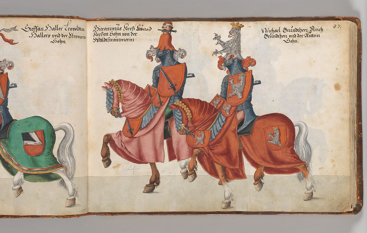 Album of Tournaments and Parades in Nuremberg, Pen and ink, watercolor, gold and silver washes; paper bound in gold-tooled leather, German, Nuremberg