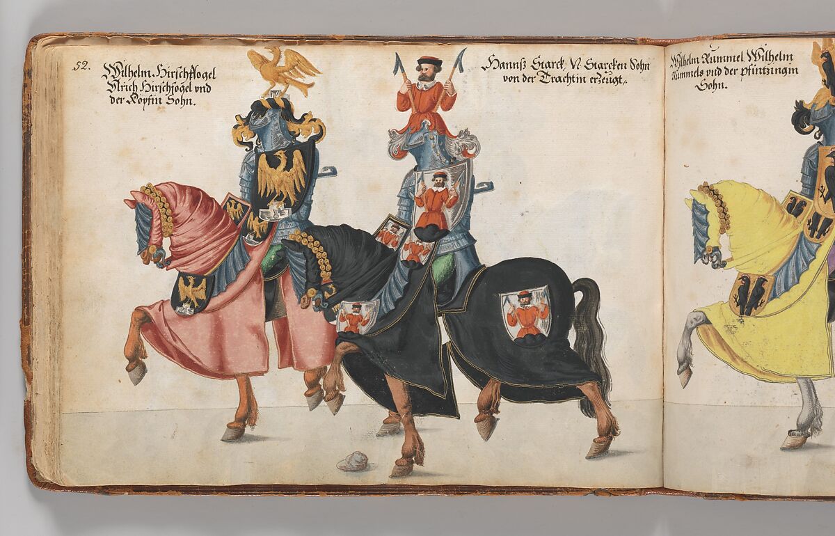 Album of Tournaments and Parades in Nuremberg, Pen and ink, watercolor, gold and silver washes; paper bound in gold-tooled leather, German, Nuremberg