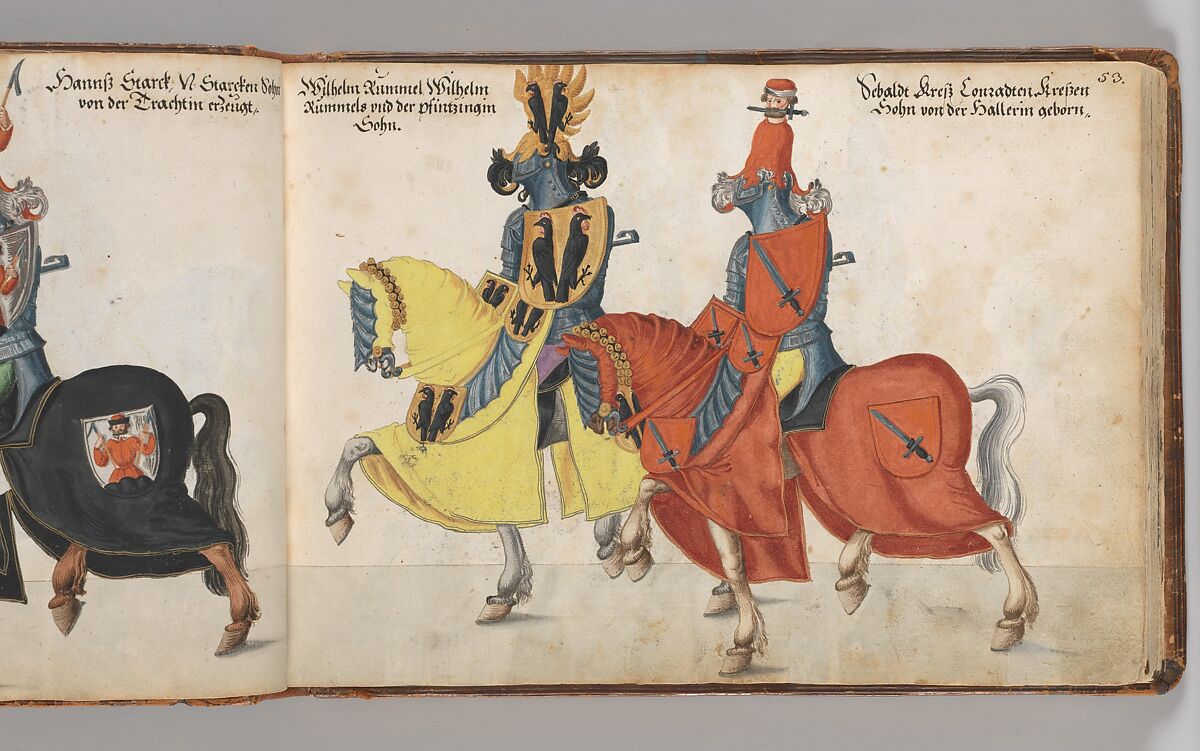 Album of Tournaments and Parades in Nuremberg, Pen and ink, watercolor, gold and silver washes; paper bound in gold-tooled leather, German, Nuremberg