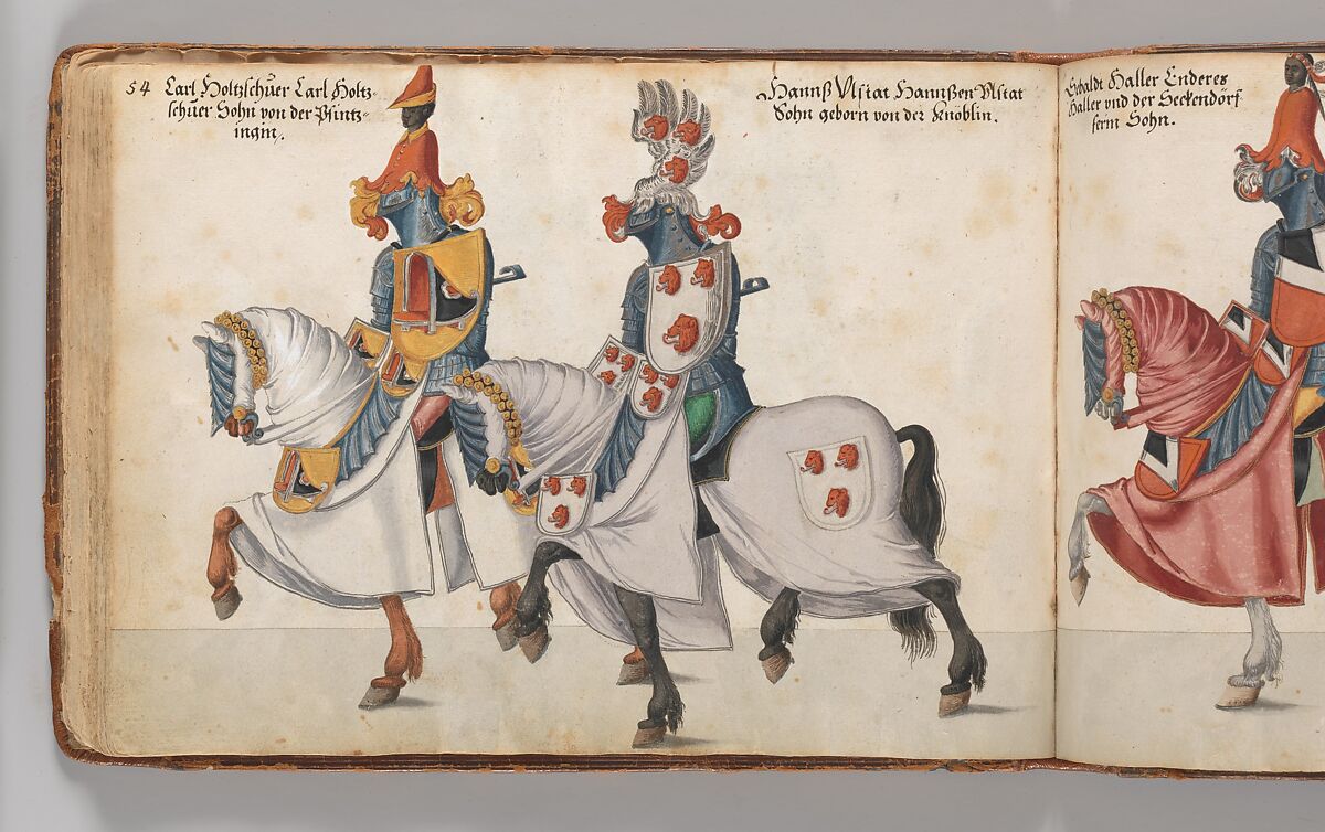 Album of Tournaments and Parades in Nuremberg, Pen and ink, watercolor, gold and silver washes; paper bound in gold-tooled leather, German, Nuremberg