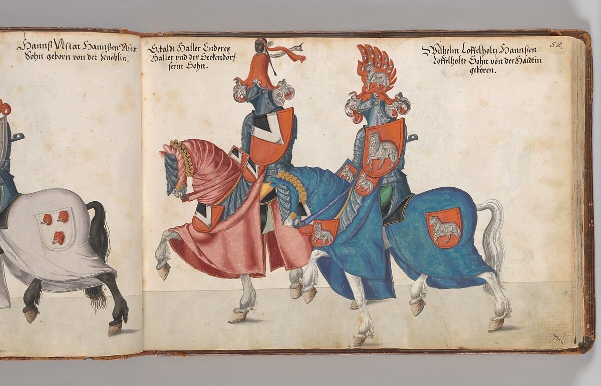 Album of Tournaments and Parades in Nuremberg, Pen and ink, watercolor, gold and silver washes; paper bound in gold-tooled leather, German, Nuremberg