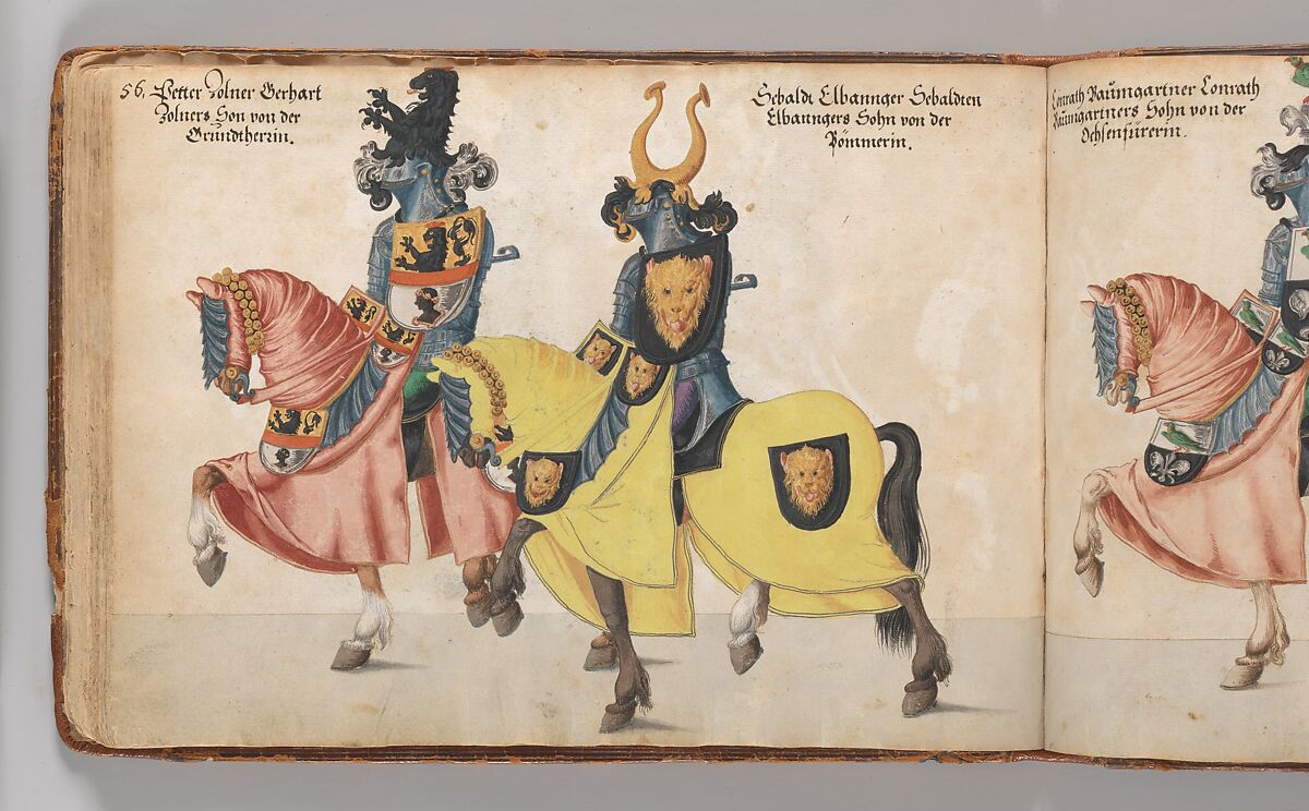 Album of Tournaments and Parades in Nuremberg, Pen and ink, watercolor, gold and silver washes; paper bound in gold-tooled leather, German, Nuremberg