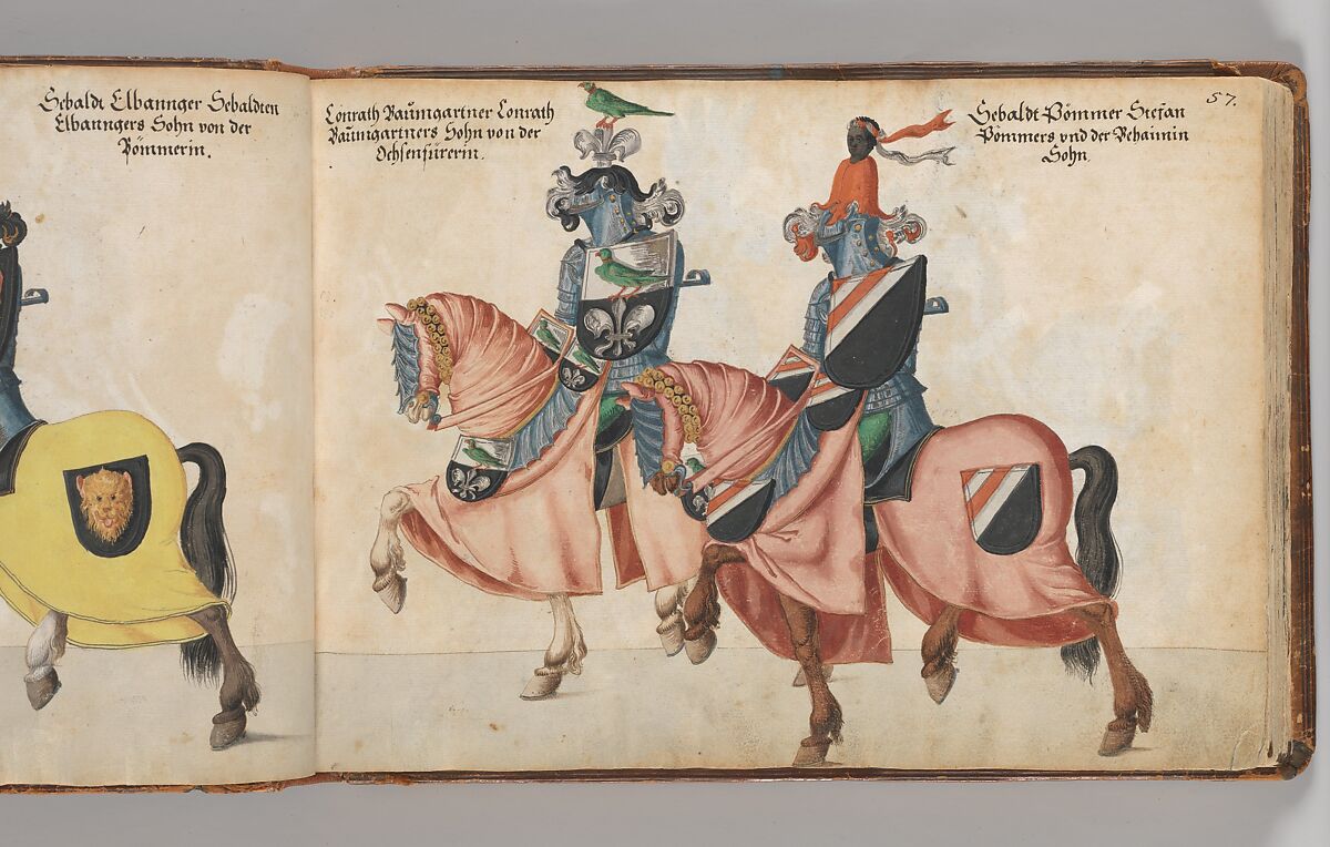 Album of Tournaments and Parades in Nuremberg, Pen and ink, watercolor, gold and silver washes; paper bound in gold-tooled leather, German, Nuremberg