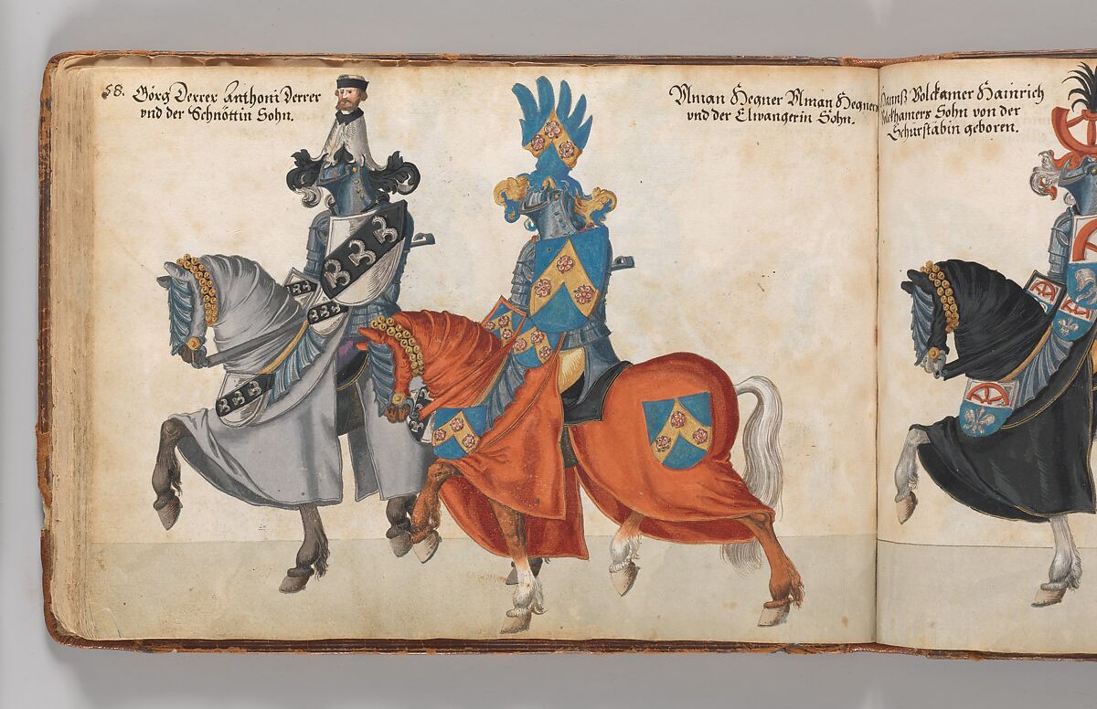 Album of Tournaments and Parades in Nuremberg, Pen and ink, watercolor, gold and silver washes; paper bound in gold-tooled leather, German, Nuremberg