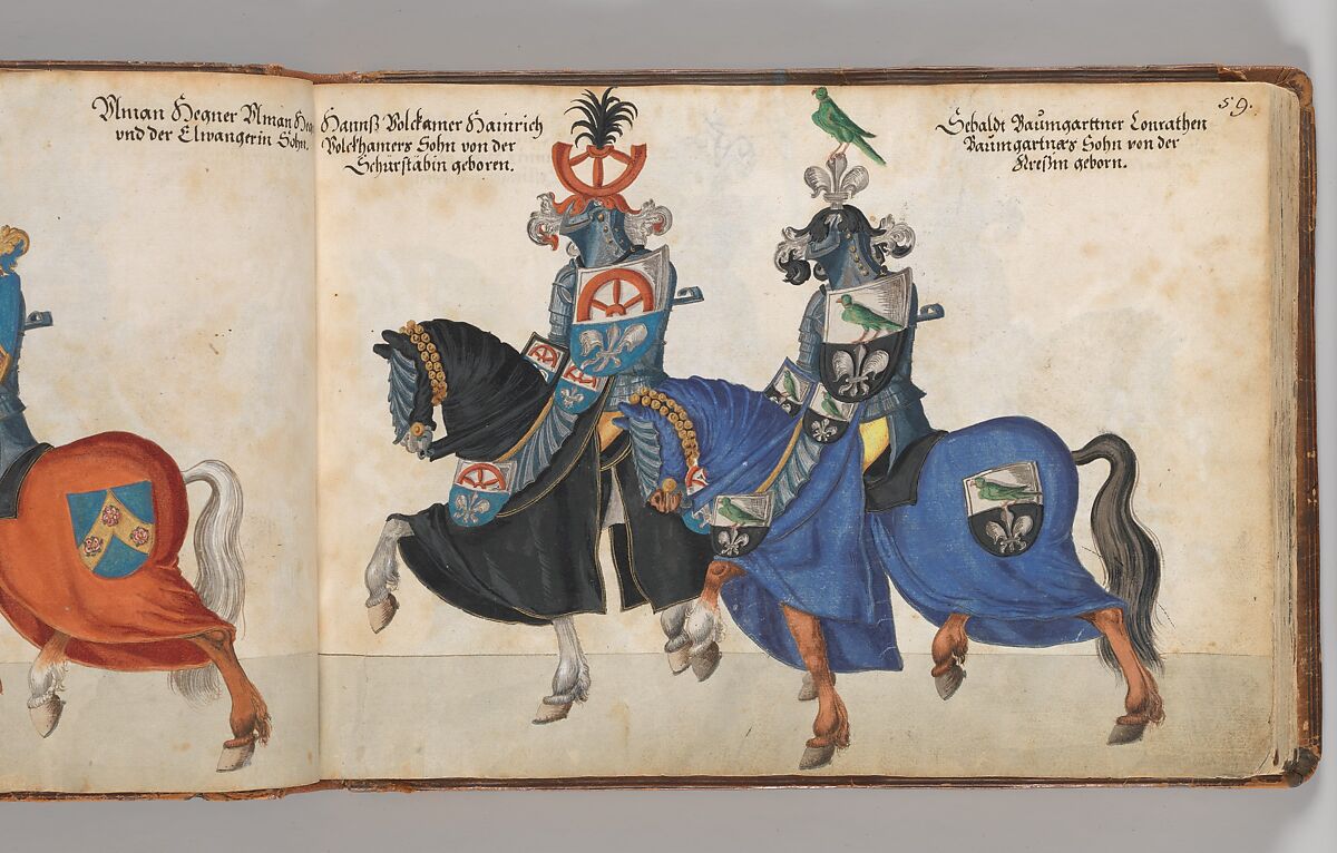 Album of Tournaments and Parades in Nuremberg, Pen and ink, watercolor, gold and silver washes; paper bound in gold-tooled leather, German, Nuremberg