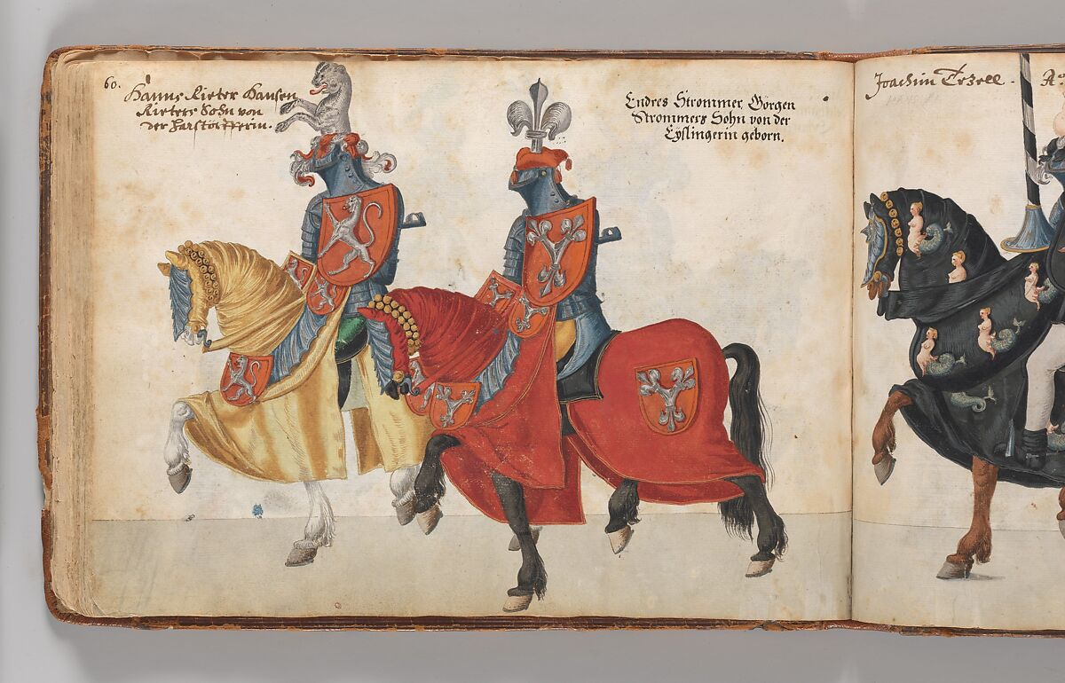 Album of Tournaments and Parades in Nuremberg, Pen and ink, watercolor, gold and silver washes; paper bound in gold-tooled leather, German, Nuremberg