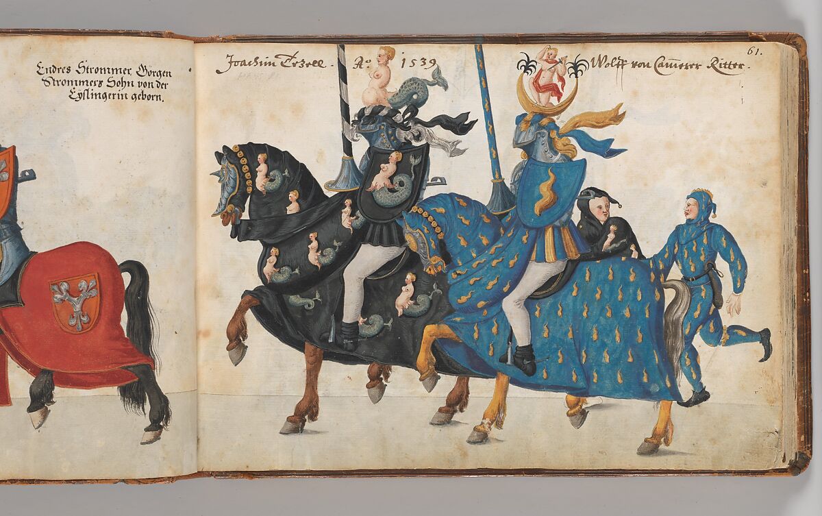 Album of Tournaments and Parades in Nuremberg, Pen and ink, watercolor, gold and silver washes; paper bound in gold-tooled leather, German, Nuremberg