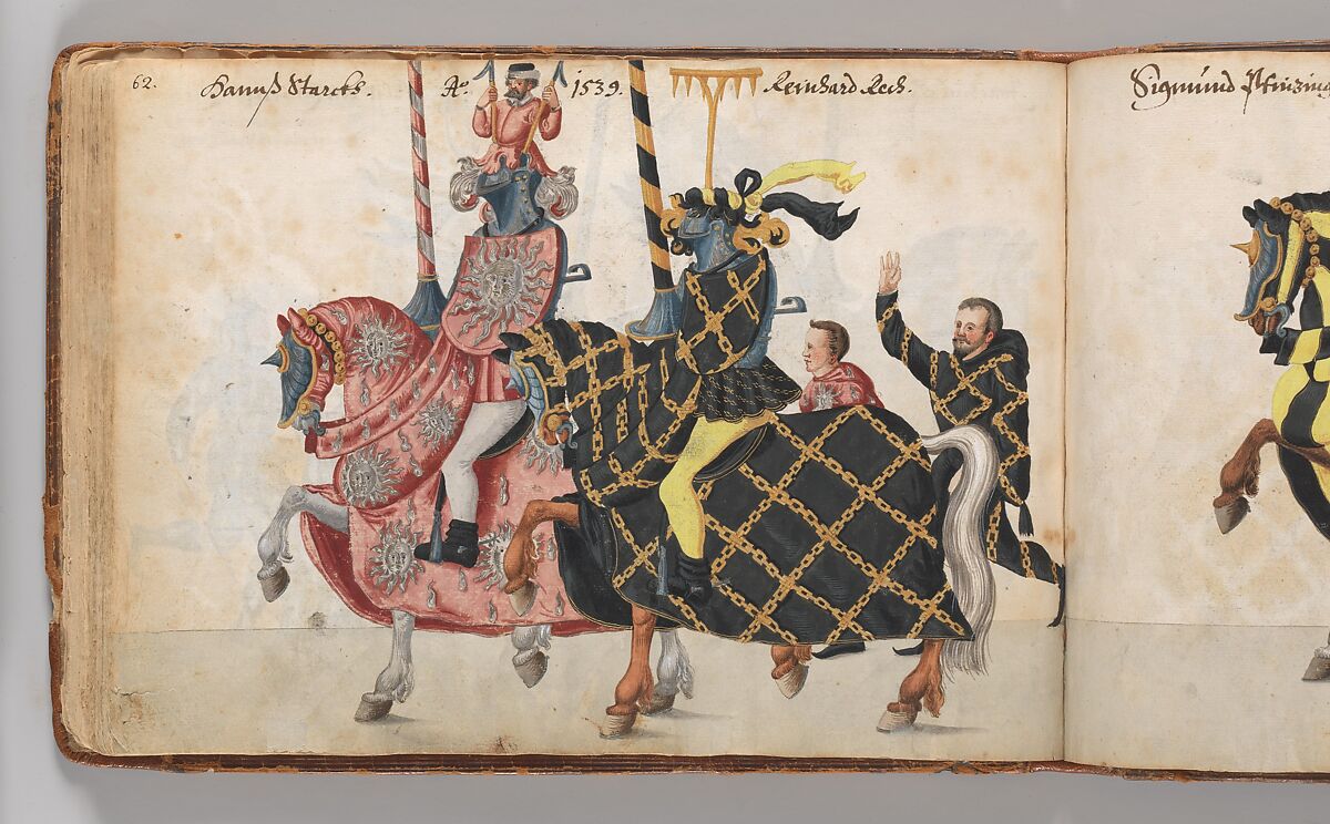 Album of Tournaments and Parades in Nuremberg, Pen and ink, watercolor, gold and silver washes; paper bound in gold-tooled leather, German, Nuremberg