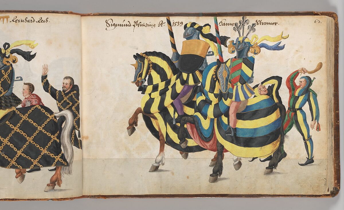 Album of Tournaments and Parades in Nuremberg, Pen and ink, watercolor, gold and silver washes; paper bound in gold-tooled leather, German, Nuremberg