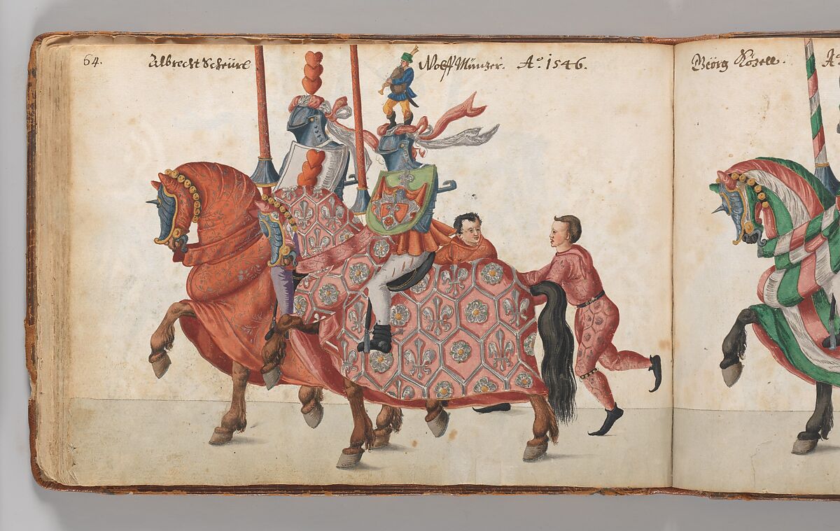 Album of Tournaments and Parades in Nuremberg, Pen and ink, watercolor, gold and silver washes; paper bound in gold-tooled leather, German, Nuremberg