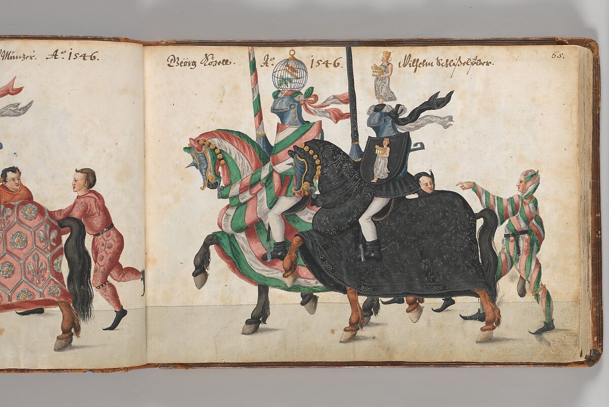 Album of Tournaments and Parades in Nuremberg, Pen and ink, watercolor, gold and silver washes; paper bound in gold-tooled leather, German, Nuremberg