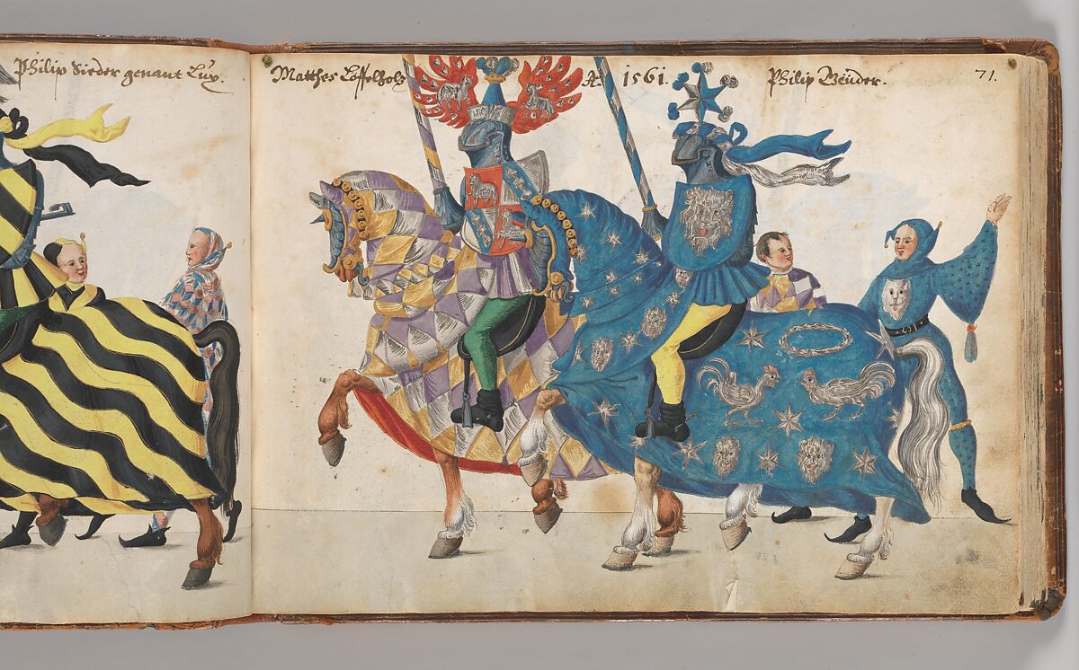 Album of Tournaments and Parades in Nuremberg, Pen and ink, watercolor, gold and silver washes; paper bound in gold-tooled leather, German, Nuremberg