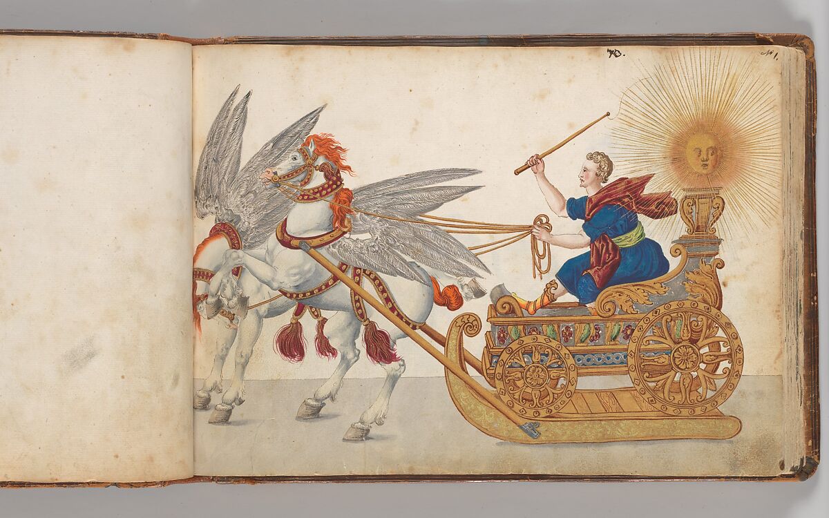 Album of Tournaments and Parades in Nuremberg, Pen and ink, watercolor, gold and silver washes; paper bound in gold-tooled leather, German, Nuremberg