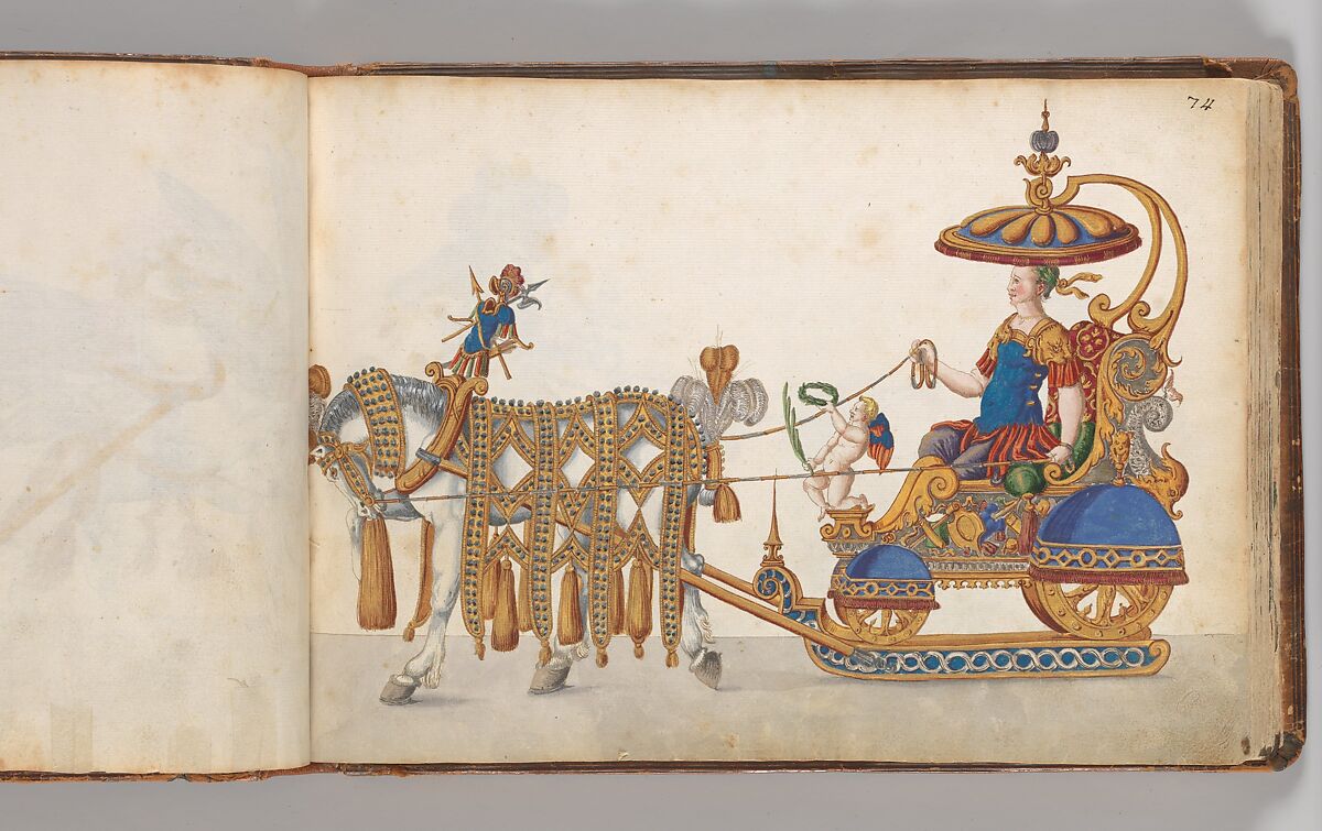 Album of Tournaments and Parades in Nuremberg, Pen and ink, watercolor, gold and silver washes; paper bound in gold-tooled leather, German, Nuremberg