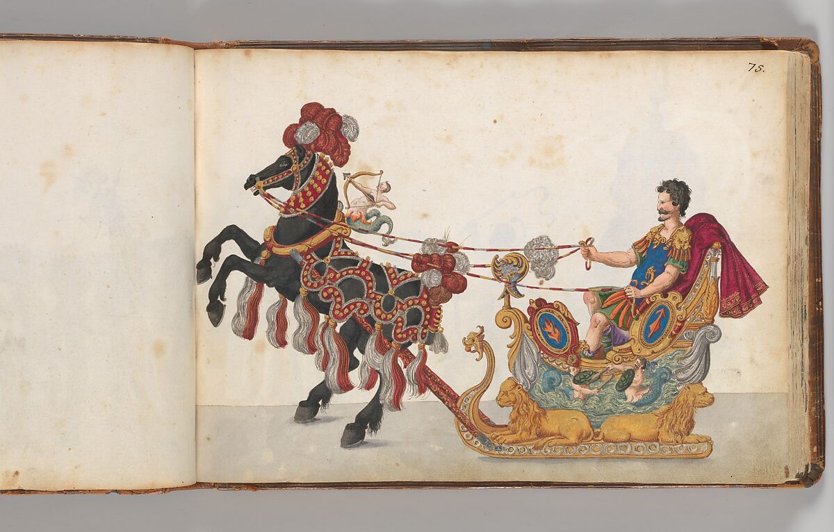 Album of Tournaments and Parades in Nuremberg, Pen and ink, watercolor, gold and silver washes; paper bound in gold-tooled leather, German, Nuremberg