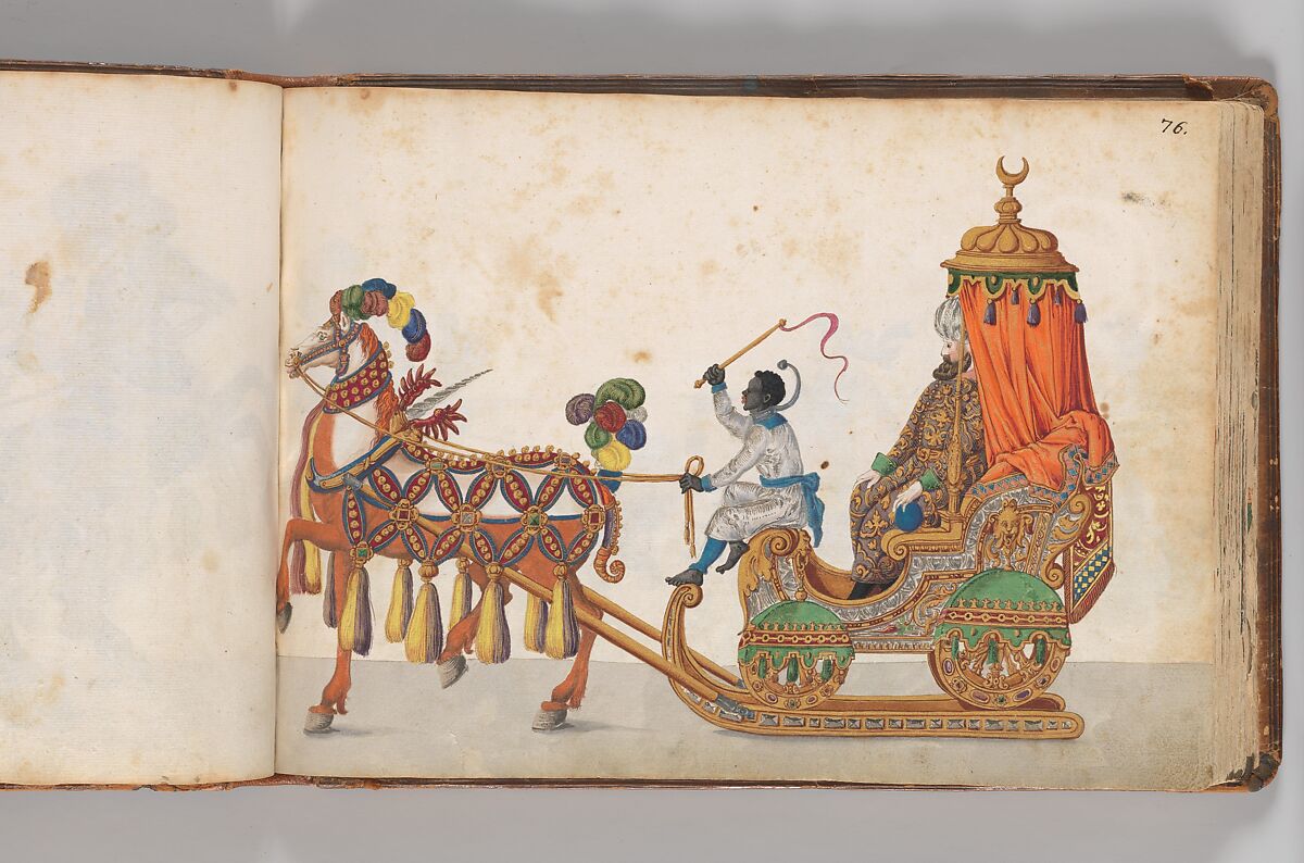 Album of Tournaments and Parades in Nuremberg, Pen and ink, watercolor, gold and silver washes; paper bound in gold-tooled leather, German, Nuremberg