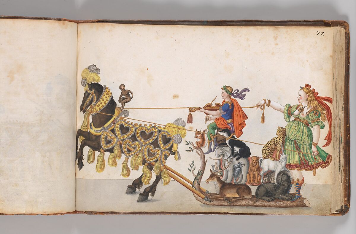Album of Tournaments and Parades in Nuremberg, Pen and ink, watercolor, gold and silver washes; paper bound in gold-tooled leather, German, Nuremberg