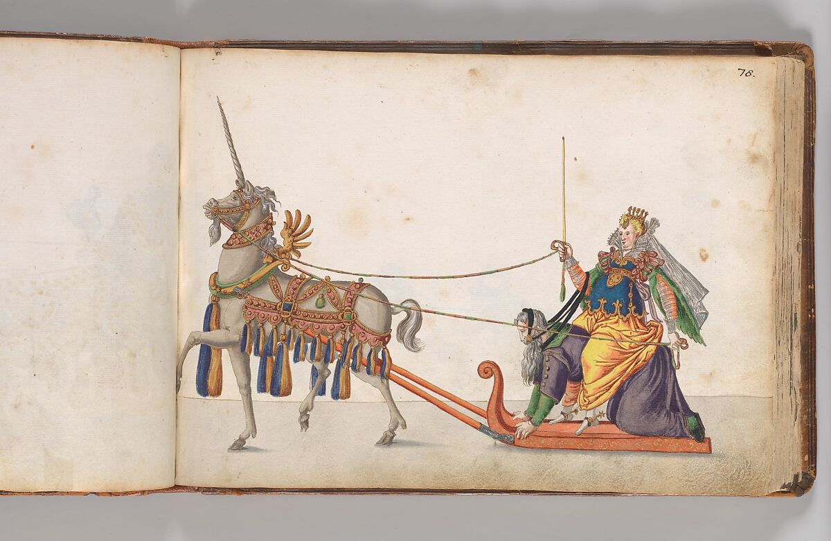 Album of Tournaments and Parades in Nuremberg, Pen and ink, watercolor, gold and silver washes; paper bound in gold-tooled leather, German, Nuremberg