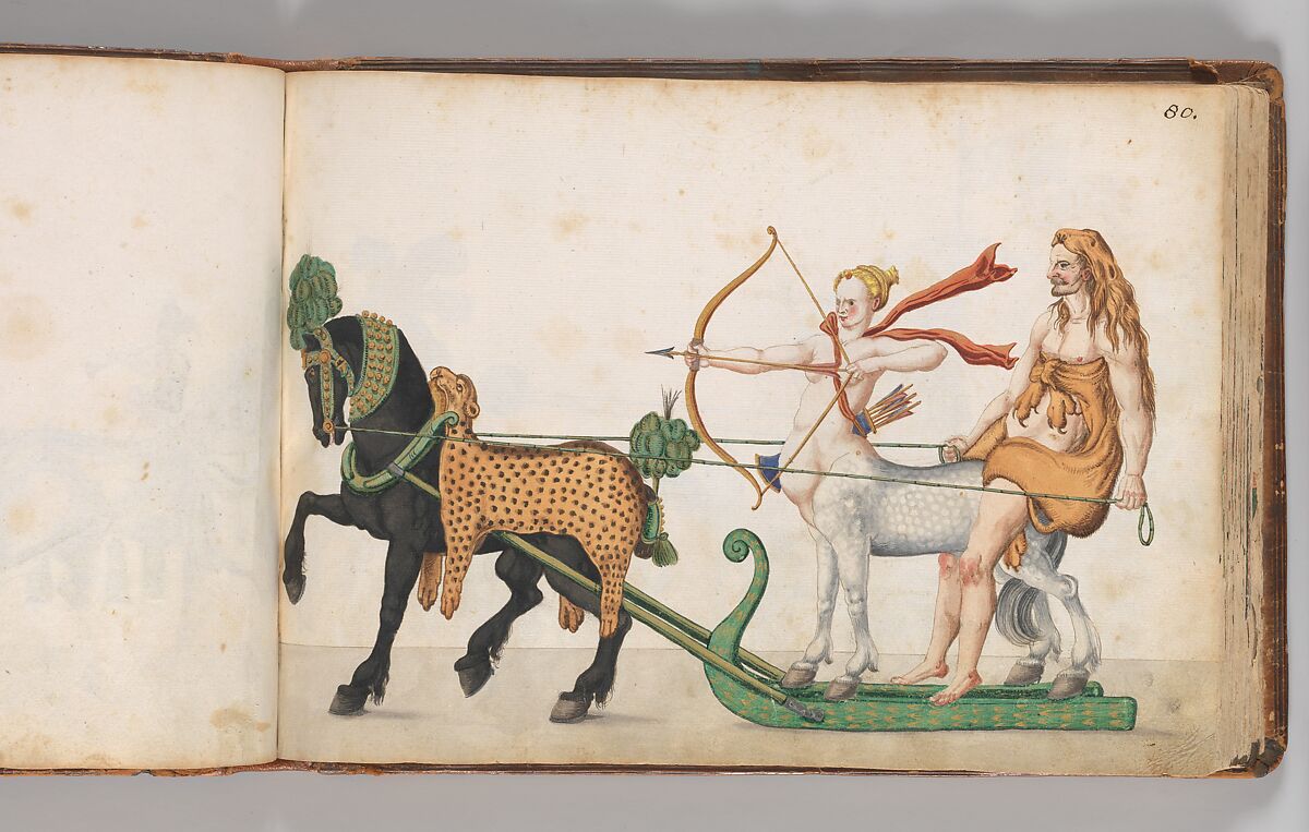 Album of Tournaments and Parades in Nuremberg, Pen and ink, watercolor, gold and silver washes; paper bound in gold-tooled leather, German, Nuremberg