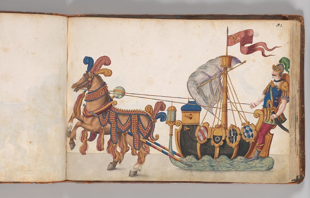 Album of Tournaments and Parades in Nuremberg, Pen and ink, watercolor, gold and silver washes; paper bound in gold-tooled leather, German, Nuremberg
