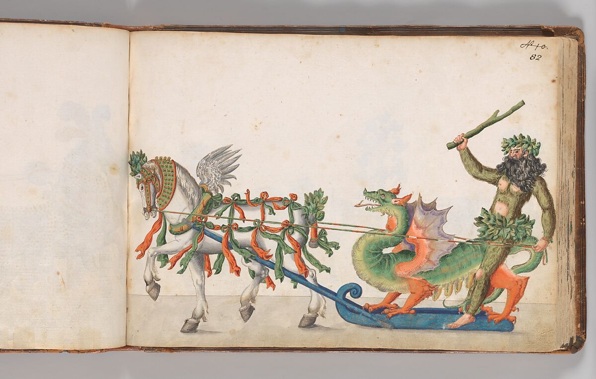 Album of Tournaments and Parades in Nuremberg, Pen and ink, watercolor, gold and silver washes; paper bound in gold-tooled leather, German, Nuremberg