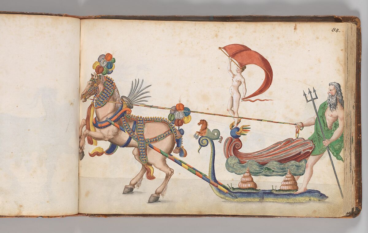 Album of Tournaments and Parades in Nuremberg, Pen and ink, watercolor, gold and silver washes; paper bound in gold-tooled leather, German, Nuremberg