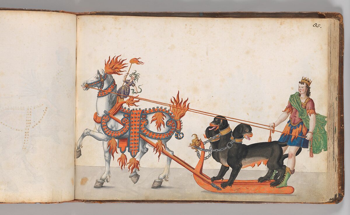 Album of Tournaments and Parades in Nuremberg, Pen and ink, watercolor, gold and silver washes; paper bound in gold-tooled leather, German, Nuremberg