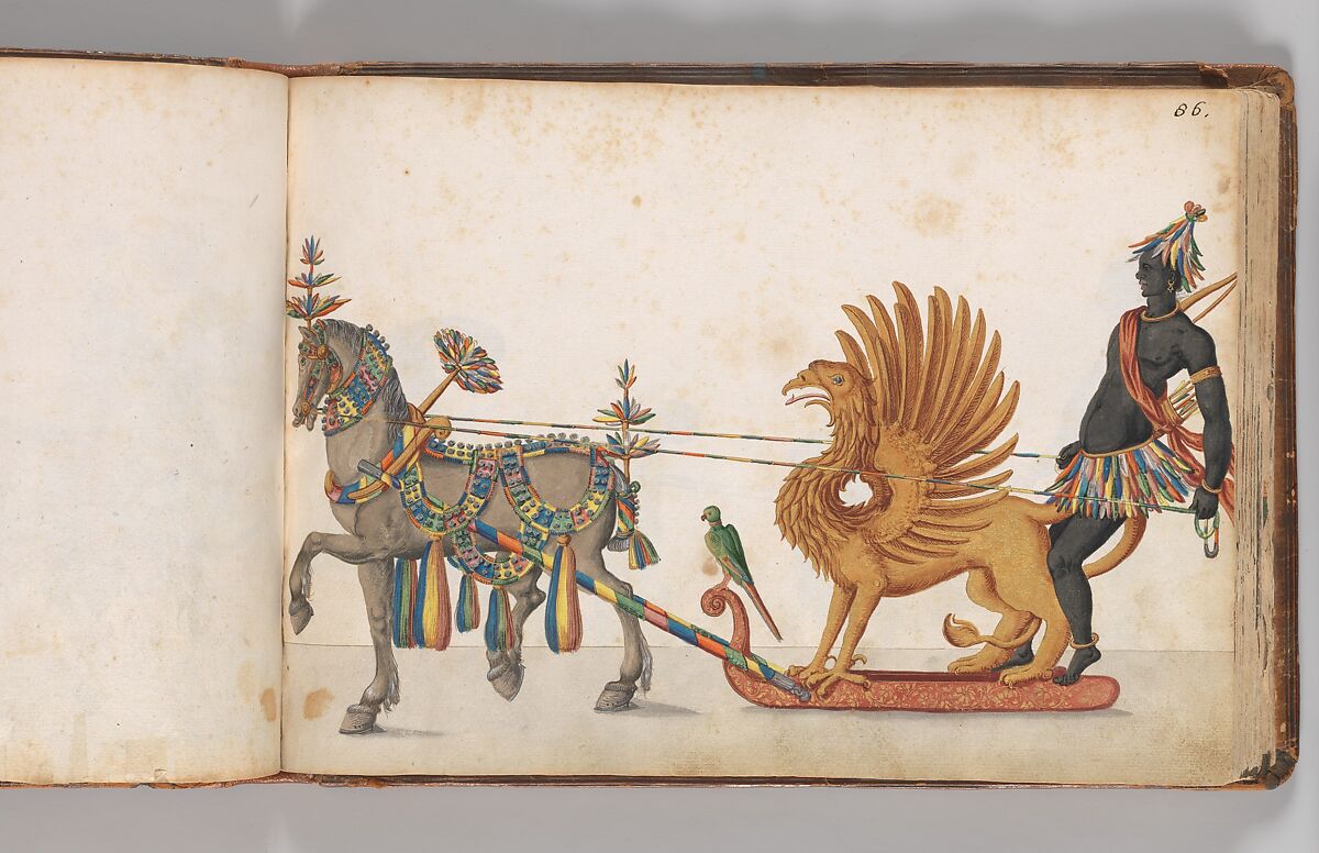 Album of Tournaments and Parades in Nuremberg, Pen and ink, watercolor, gold and silver washes; paper bound in gold-tooled leather, German, Nuremberg