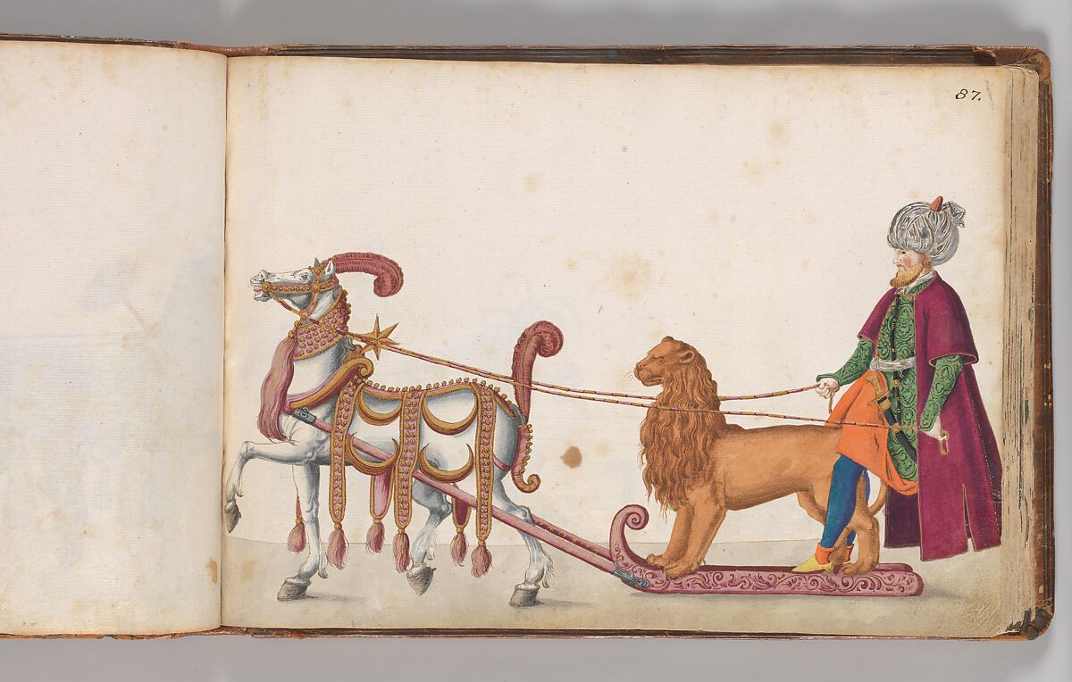 Album of Tournaments and Parades in Nuremberg, Pen and ink, watercolor, gold and silver washes; paper bound in gold-tooled leather, German, Nuremberg