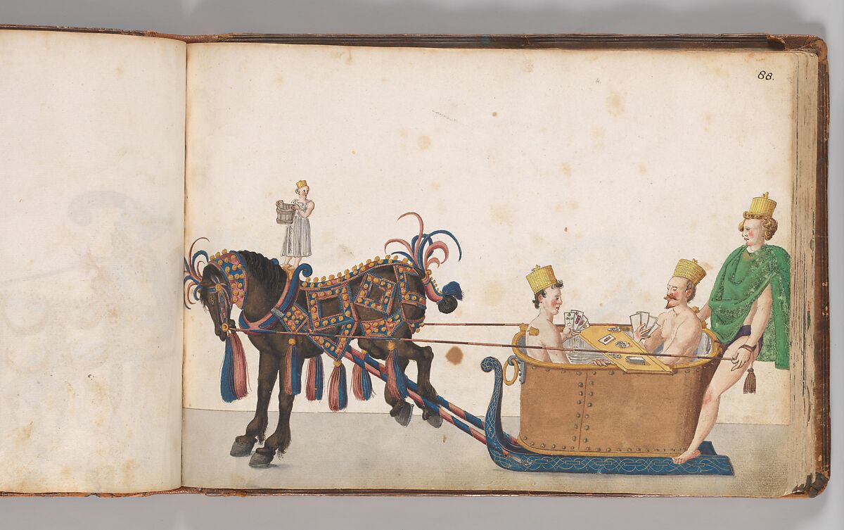 Album of Tournaments and Parades in Nuremberg, Pen and ink, watercolor, gold and silver washes; paper bound in gold-tooled leather, German, Nuremberg