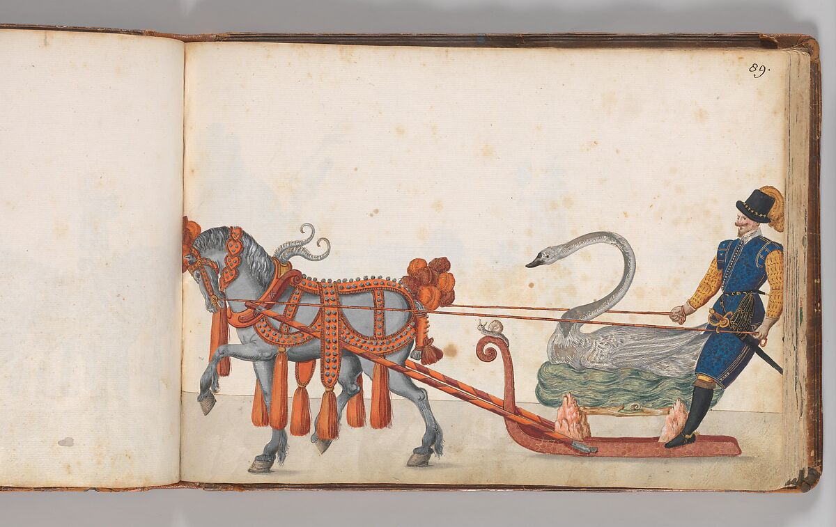 Album of Tournaments and Parades in Nuremberg, Pen and ink, watercolor, gold and silver washes; paper bound in gold-tooled leather, German, Nuremberg