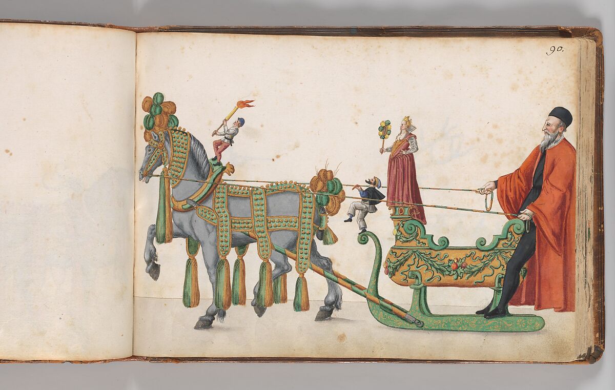Album of Tournaments and Parades in Nuremberg, Pen and ink, watercolor, gold and silver washes; paper bound in gold-tooled leather, German, Nuremberg