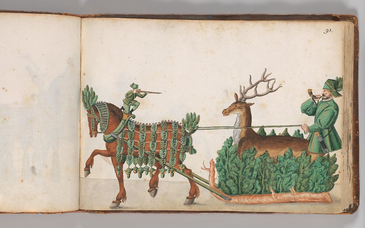 Album of Tournaments and Parades in Nuremberg, Pen and ink, watercolor, gold and silver washes; paper bound in gold-tooled leather, German, Nuremberg