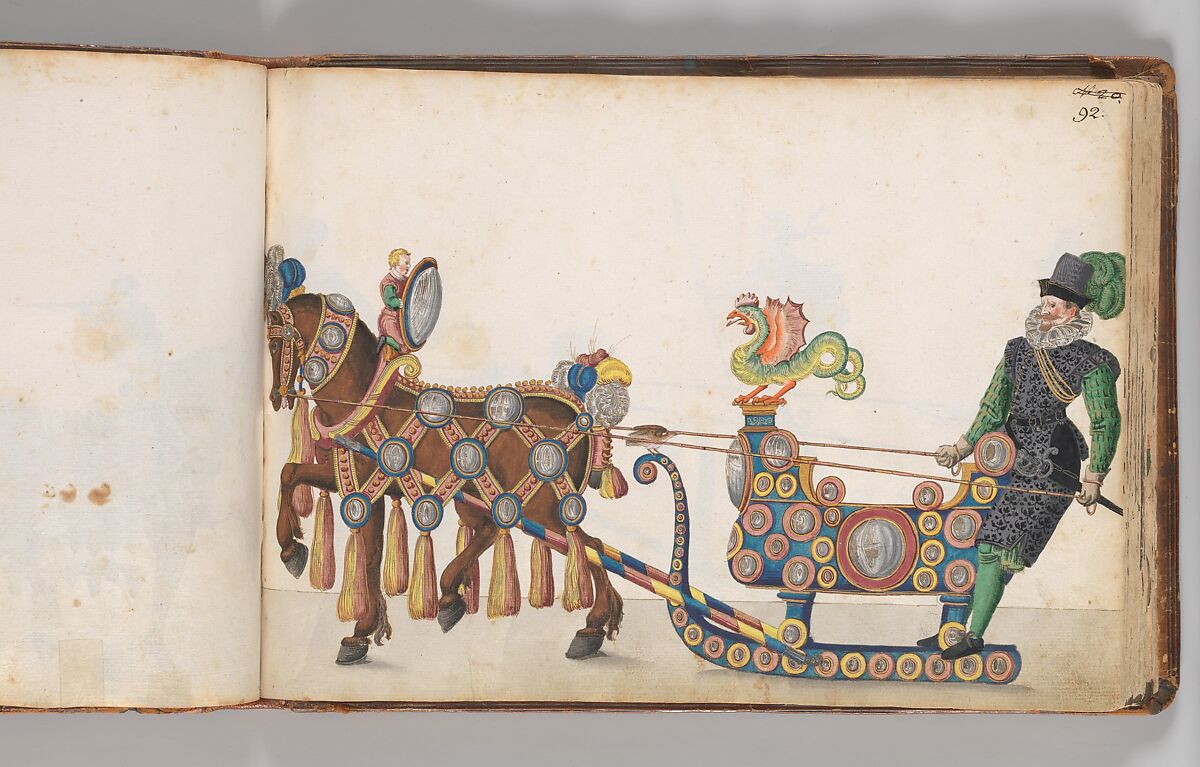 Album of Tournaments and Parades in Nuremberg, Pen and ink, watercolor, gold and silver washes; paper bound in gold-tooled leather, German, Nuremberg