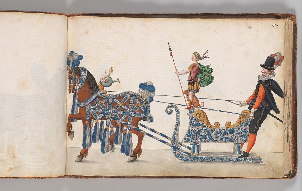 Album of Tournaments and Parades in Nuremberg, Pen and ink, watercolor, gold and silver washes; paper bound in gold-tooled leather, German, Nuremberg