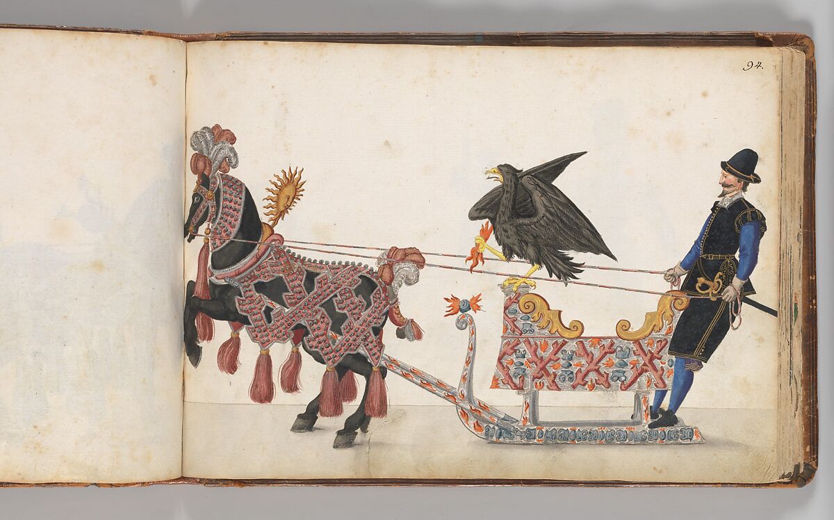 Album of Tournaments and Parades in Nuremberg, Pen and ink, watercolor, gold and silver washes; paper bound in gold-tooled leather, German, Nuremberg