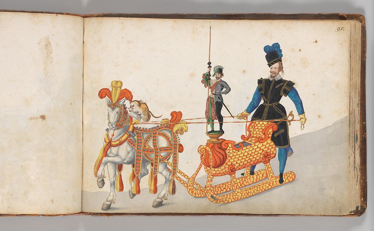 Album of Tournaments and Parades in Nuremberg, Pen and ink, watercolor, gold and silver washes; paper bound in gold-tooled leather, German, Nuremberg